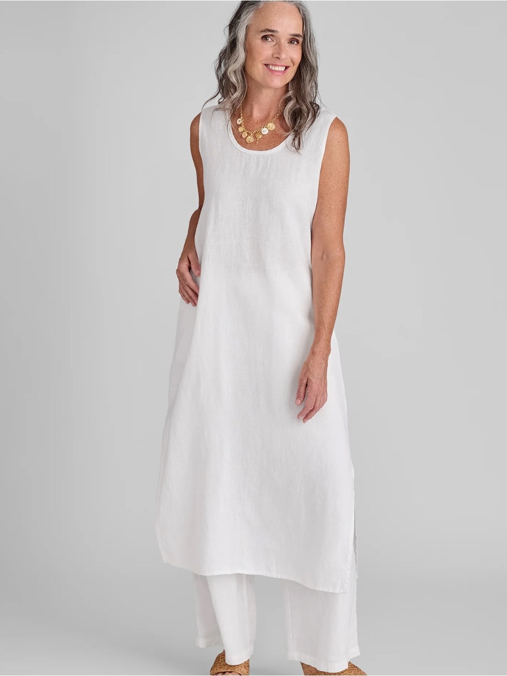 FLAX Sleeveless White Linen Tunic Top Dress M